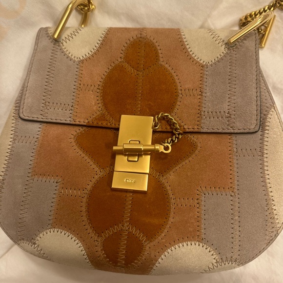 Chloe Drew Shoulder Bag in Multicolor Suede & Grey Leather with Gold Chain Strap - Picture 2 of 12